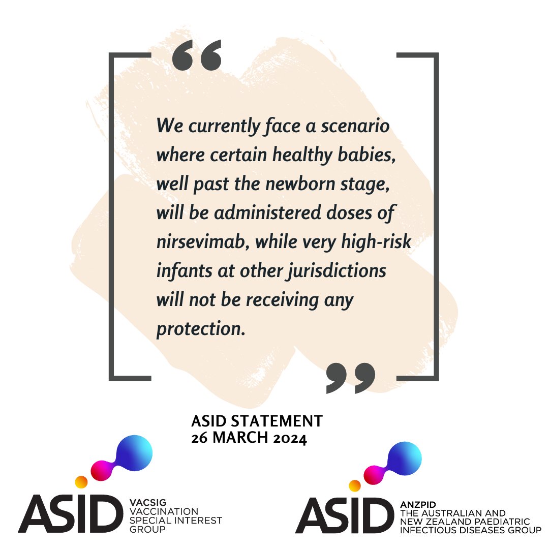 @ASIDANZ @anzpid @vacsig statement: Call for equity in #RSV prevention for #Australia and #New Zealand. Read: asid.net.au/news/asid-stat… @NSWHealth @qldhealth @NTGovHealth @WAHealth @SAHealth @VicGovDH @TasmaniaHealth @ama_media @healthgovau @_PHAA_