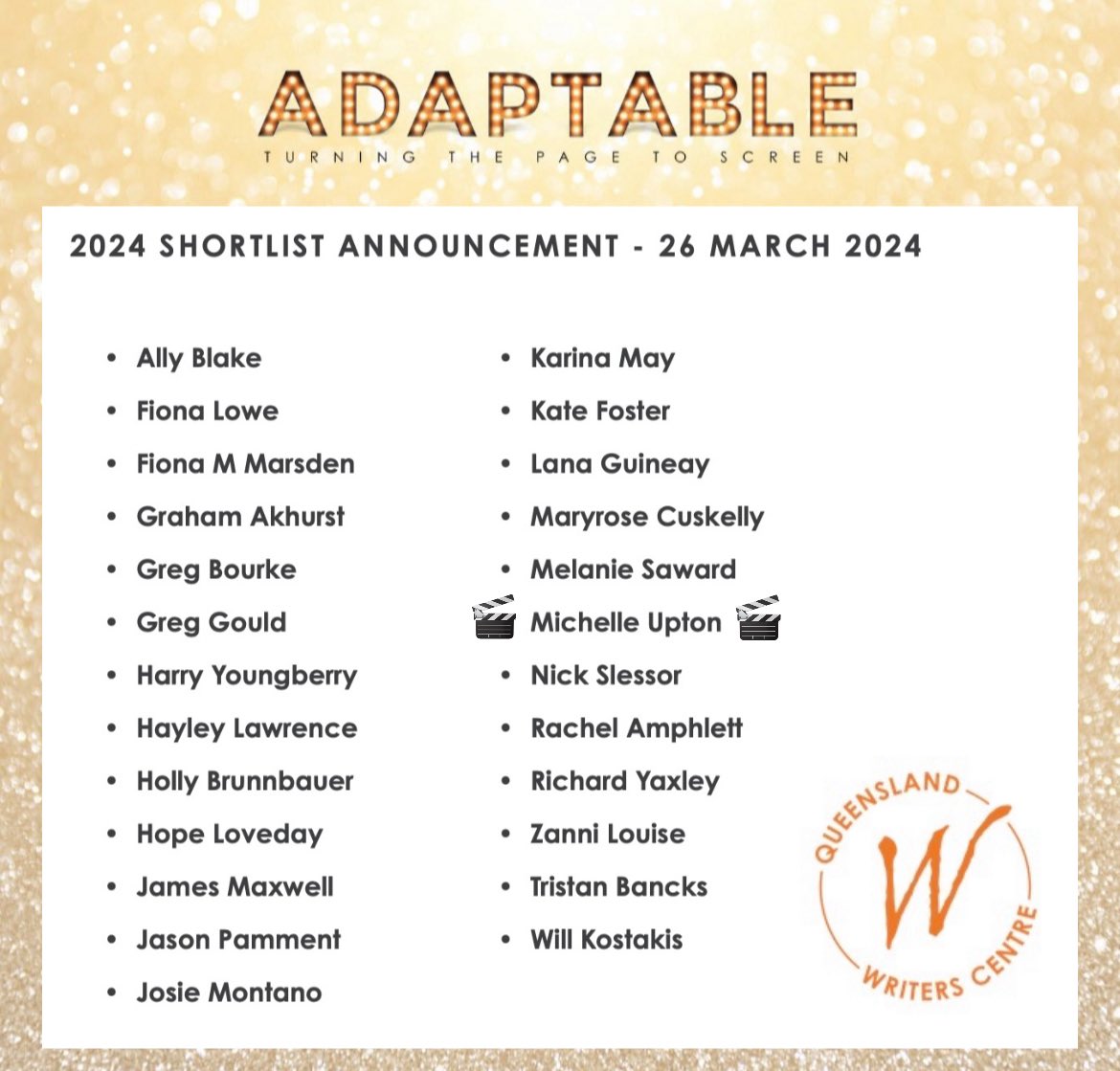 🎬📚I’m so thrilled to share that Emergency Exit Only has been shortlisted for the Queensland Writers Centre #Adaptable program🥰🍿🎬I can’t wait to pitch Emergency Exit Only to TV and film screenwriters, producers, and industry professionals alongside these AMAZING writers📚💗🎬