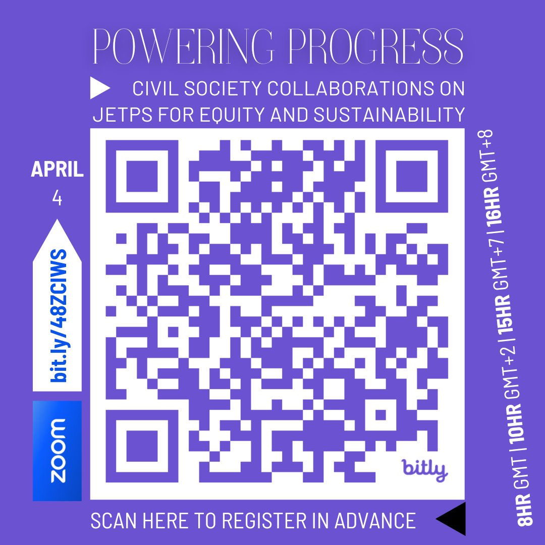 #PoweringProgress. Join us on Apr 4 for the 'Civil Society Collaborations on #JETP for Equity & Sustainability' webinar.📯Be there to witness @350Indonesia, South Africa, Senegal, & @350vietnam present the newly drafted Global JETP Principles. Register now bit.ly/48ZClWS