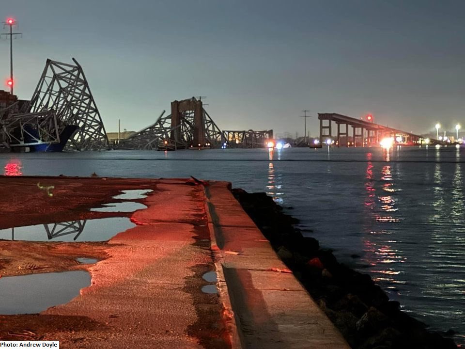 What's left of the Francis Scott Key Bridge in Baltimore after being hit by a ship.