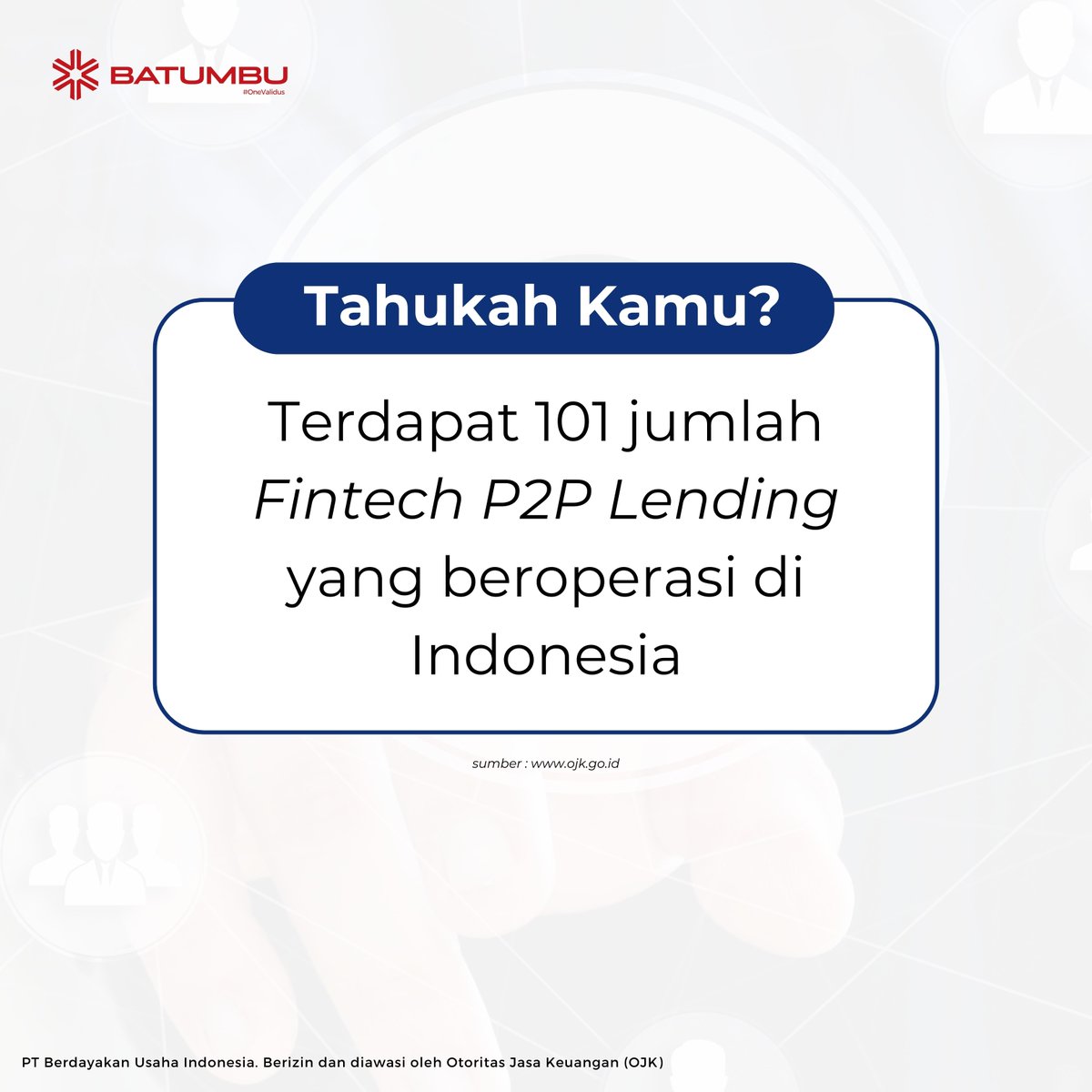 Kamu bisa cek melalui website resmi OJK
untuk mengetahui daftar Fintech P2P Lending yang
legal dan aktif di Indonesia.

#BatumbuBersamaMu
#BatumbuBersamaValidus

#Batumbu #P2Plending #Fintech #FintechIndonesia
#UMKM #TumbuSeries #TumbuPedia #Affiliate