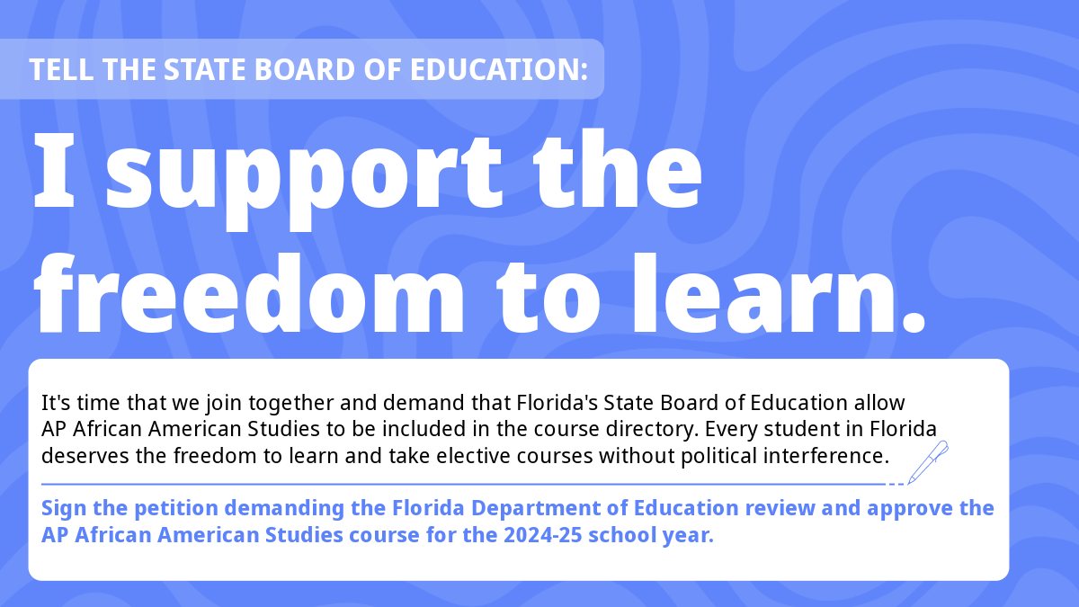 Let's unite to promote academic freedom in Florida! Join us in urging the Florida Department of Education to add AP African American Studies to the course directory for a more diverse learning experience. 📚#EducationalEquity #AcademicFreedom ✍️Sign Here: bit.ly/3TPixkW