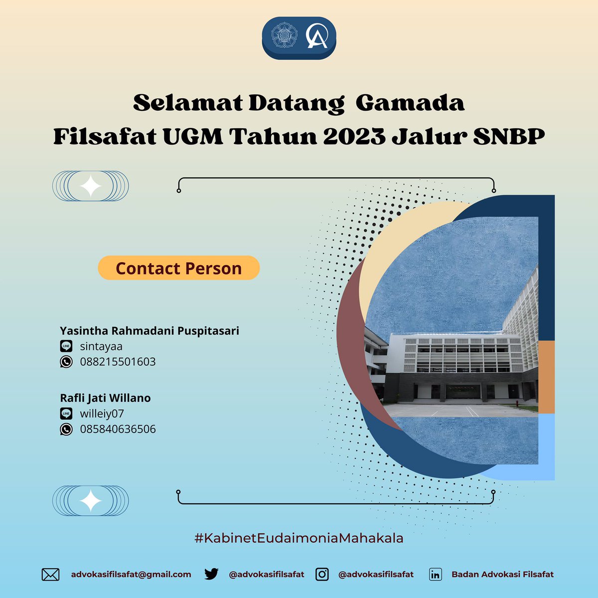 SELAMAT DATANG FILSUF MUDA JALUR SNBP 2024

Untuk memudahkan pendataan &amp; informasi lanjutan mengenai pendaftaran ulang, harap teman-teman menghubungi Narahubung Kakak Advokasi dibawah ini 

Yasintha (Line: sintayaa | WA: 088215501603) 

Rafli  (Line: willeiy07 | WA: 085840636506)
