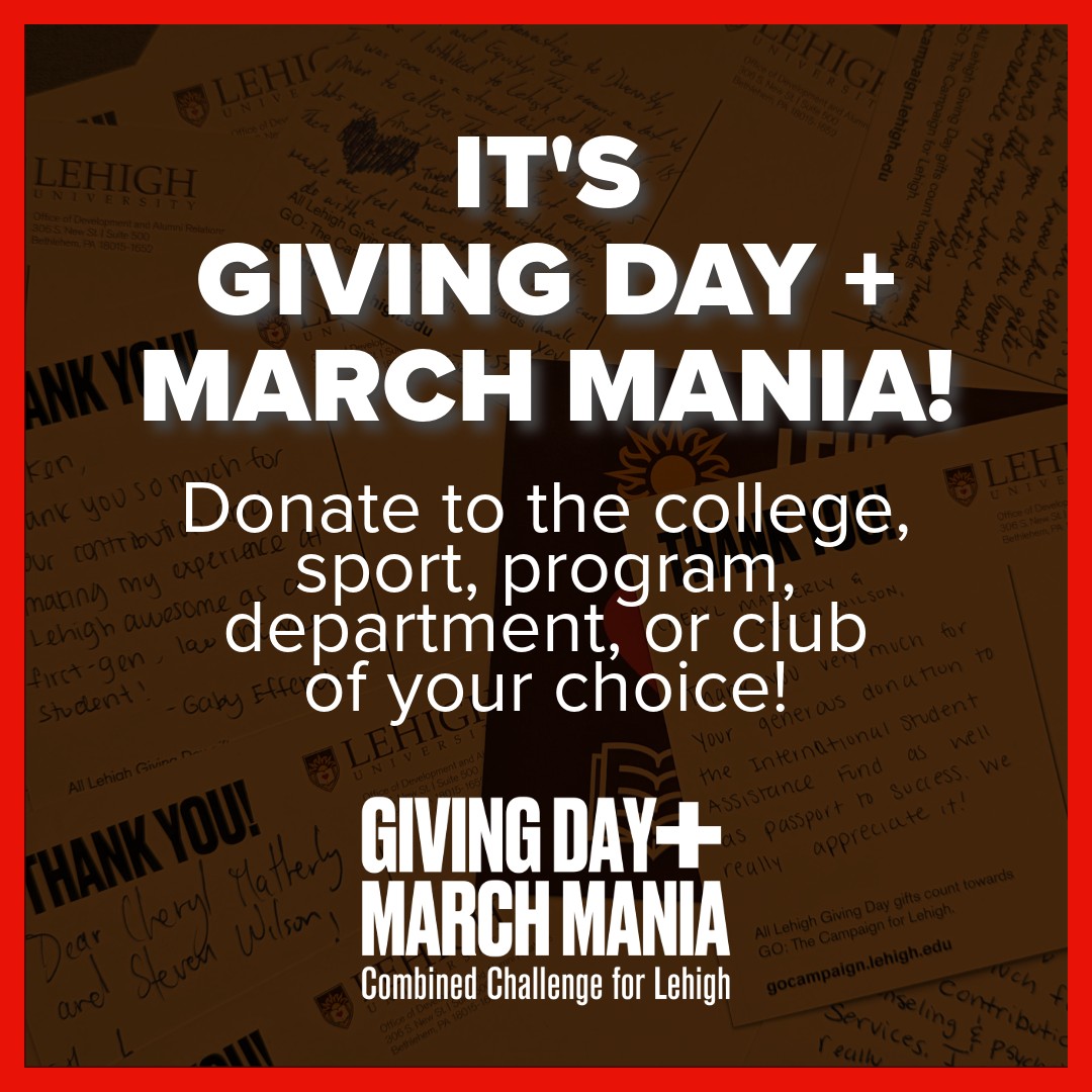 Giving Day + March Mania is officially HERE! Show your support for Lehigh students by making your gift TODAY! Every gift counts. Let's make a difference together! givecampus.com/schools/Lehigh… #SupportLehigh #Lehigh