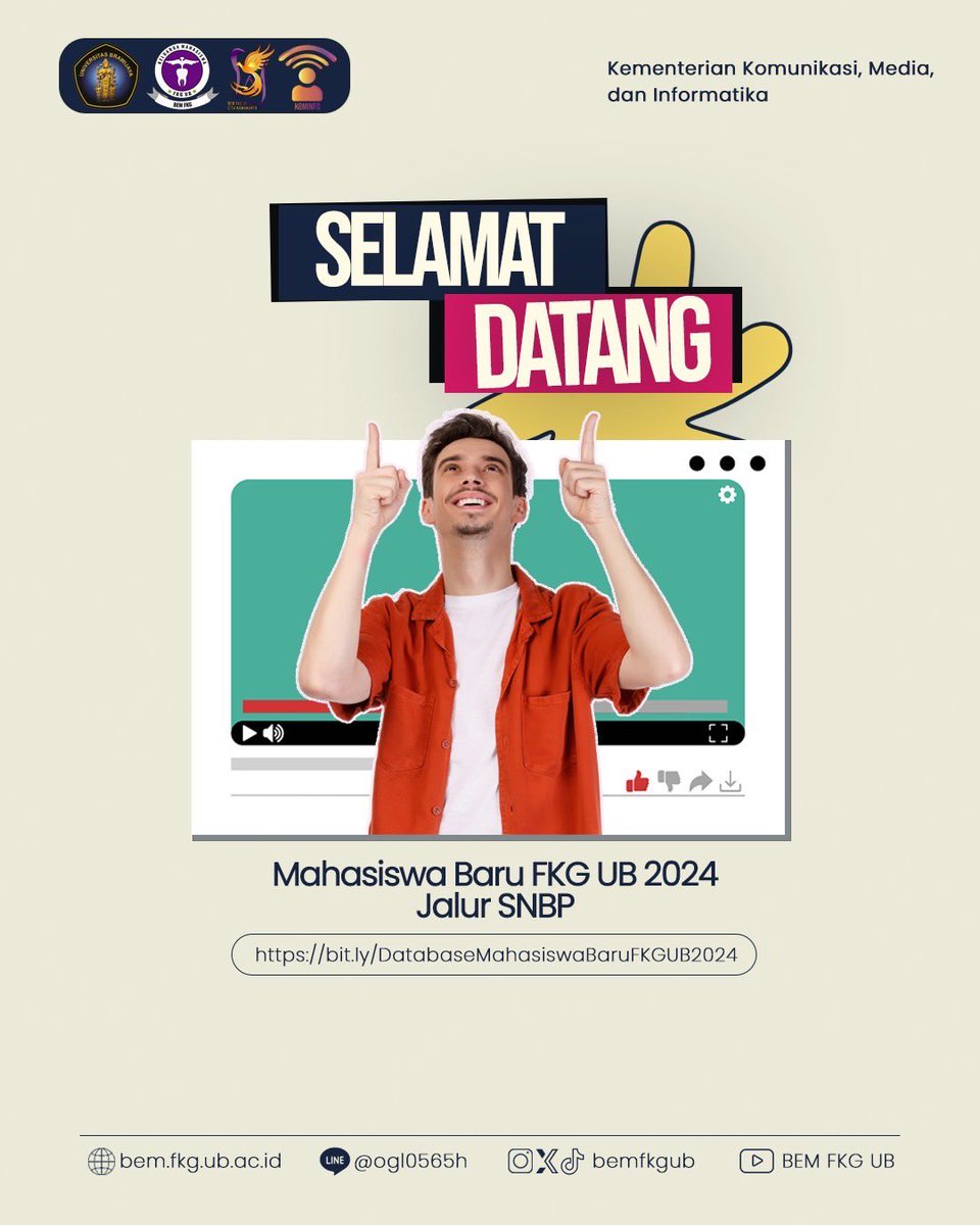 BEMFKGUB's tweet photo. [SELAMAT DATANG MAHASISWA BARU FKG UB 2024 JALUR SNBP]

Keluarga mahasiswa FKG UB mengucapkan selamat datang kepada mahasiswa baru FKG UB 2024 jalur SNBP. https://t.co/FkWCDyiK6S