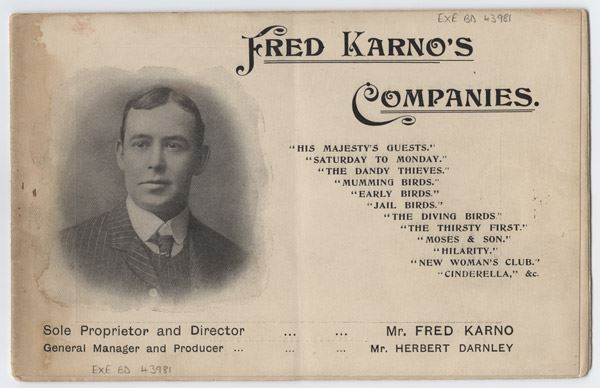 musichallsoc's tweet photo. Fred KARNO born #OTD 1865 in Exeter. #MusicHall impresario - his troupes of sketch comics (Karno's Army) included #CharlieChaplin #StanLaurel #FredKitchen #HarryWeldon #WillHay. We had an excellent talk last Autumn from his recent biographer, @DavidBCrump https://t.co/rIWXAC3Uso