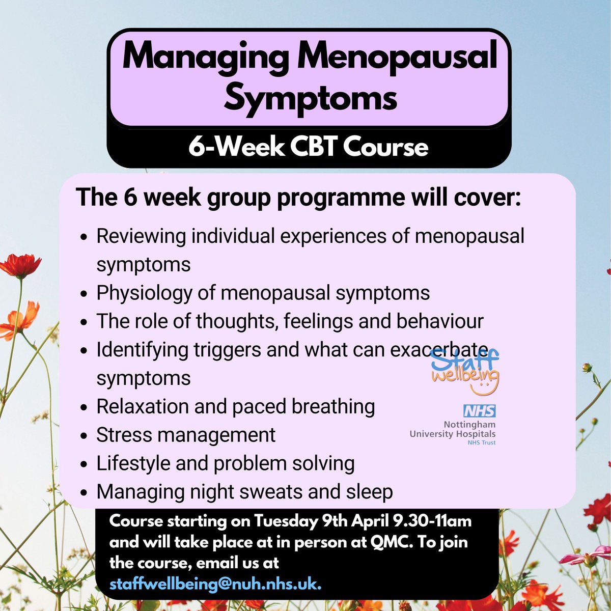 We still have places available on our new CBT for menopause symptoms course, interested? Then email staffwellbeing@nuh.nhs.uk for more information and a referral form.