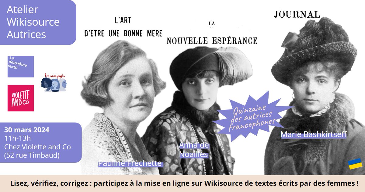 Retrouvez-nous ce samedi de 11h à 13h chez Violette and Co (ou en visio) pour un atelier <a href="/wikisource_fr/">Wikisource</a> Autrices spécial francophonie : fr.wikisource.org/wiki/Wikisourc….
On poursuivra l'après-midi par un atelier <a href="/Wikipedia_fr/">Wikipédia en français</a> <a href="/lessanspagEs/">les sans pagEs 💪🏾🧙‍♀️🏳️‍🌈</a> de la Quinzaine des autrices francophones !