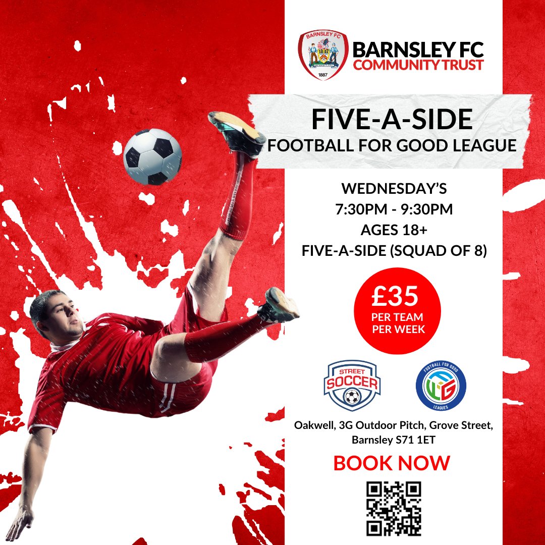 We are delighted to be running the #FootballForGoodLeague 5-a-side league through the @streetsoccerfdn ⚽️Ages 18+, five-a-side with a squad of 8 🏆Wednesdays, 7:30pm - 9:30pm 🥅Oakwell's 3G Outdoor Pitch 🔴Weekly match fees of £35 per team 12-minute halves, rolling subs @SHCFA