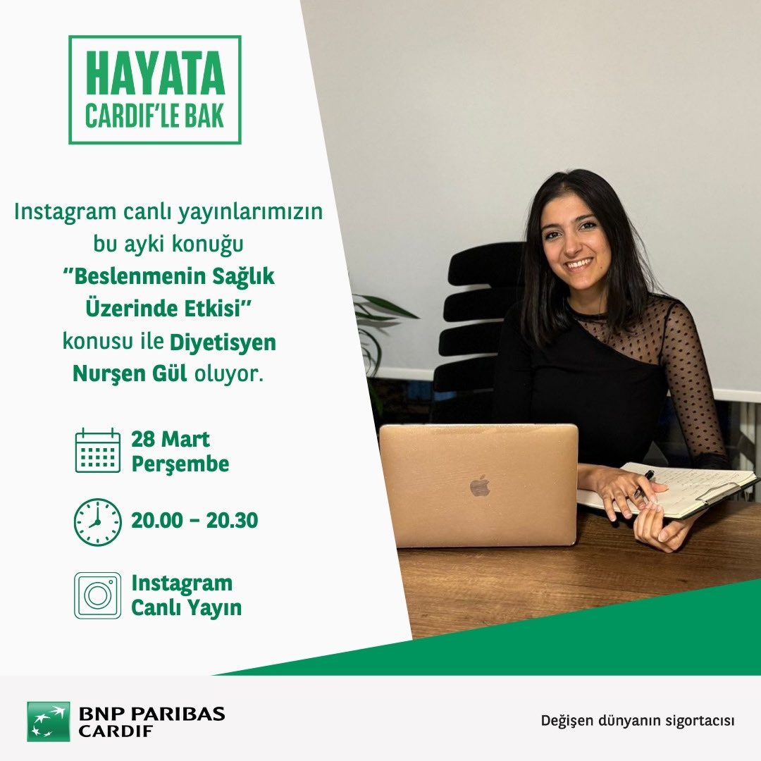 Canlı yayınlarımız devam ediyor.🤳🏻 Instagram canlı yayınlarımızın bu ayki konuğu ‘’Beslenmenin Sağlık Üzerinde Etkisi’’ konusu ile Diyetisyen Nurşen Gül oluyor. #HayataCardifleBak #BNPParibasCardifTürkiye #BES #BeslenmeninSağlıkÜzerindeEtkisi