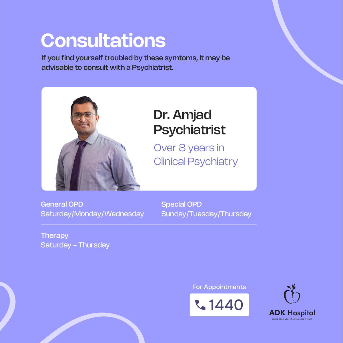 ADHD, is a neurodevelopmental disorder. It's characterized by difficulties with attention, hyperactivity, and impulsivity. If you're experiencing these kind of symptoms, it might be time for a consultation. Please contact 1440 for appointments #ADHD #MentalHealth #ADKHospital