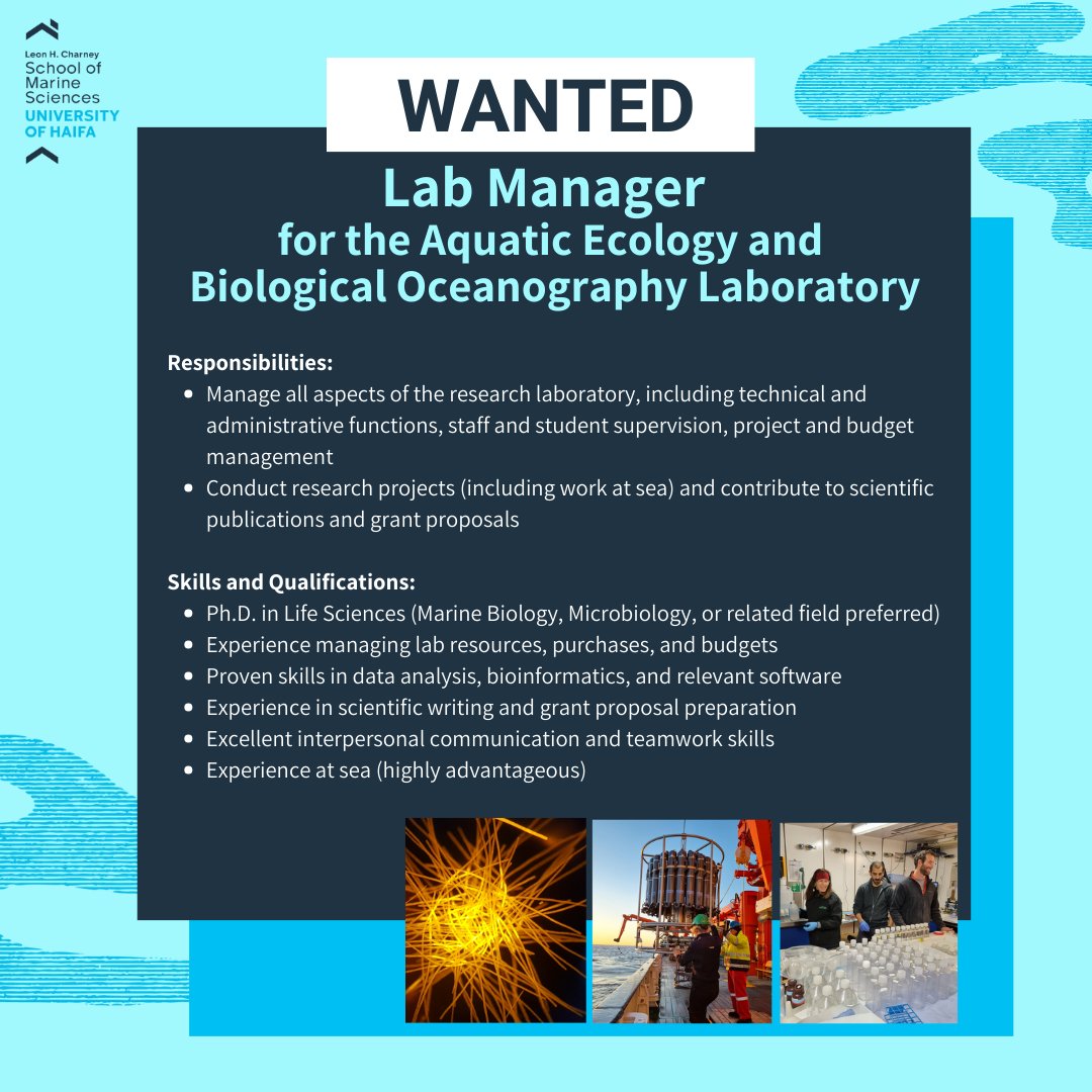 Seeking a Lab Manager to lead Prof. @IlanaBermanFra1's research in #MarineMicrobiology . Join our team and contribute to groundbreaking projects exploring marine ecosystems. ➡️ CV & questions: iberman2@univ.haifa.ac.il #MarineScience #OceanResearch