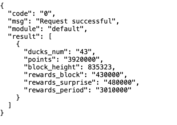 QuarkDuck's tweet photo. Duck points inquiry page UI development has been somewhat delayed, mainly because the front-end UI developer only has time to work on it as a part-time job late at night. However, many people are eager to see this feature. Our backend statistical interface has already been completed. If you want to check your points sooner, you can do so through our API interface. You just need to replace the address parameter in the URL with your own address. The data is still synchronizing, please be patient.

ducks_num: The number of ducks you hold
points: Your total points
block_height: The block height of the statistical data
rewards_block: Basic points mined
rewards_surprise: Random reward points
rewards_period: Early bird/Diamond hand incentive reward points

https://t.co/SzjMXCarYe