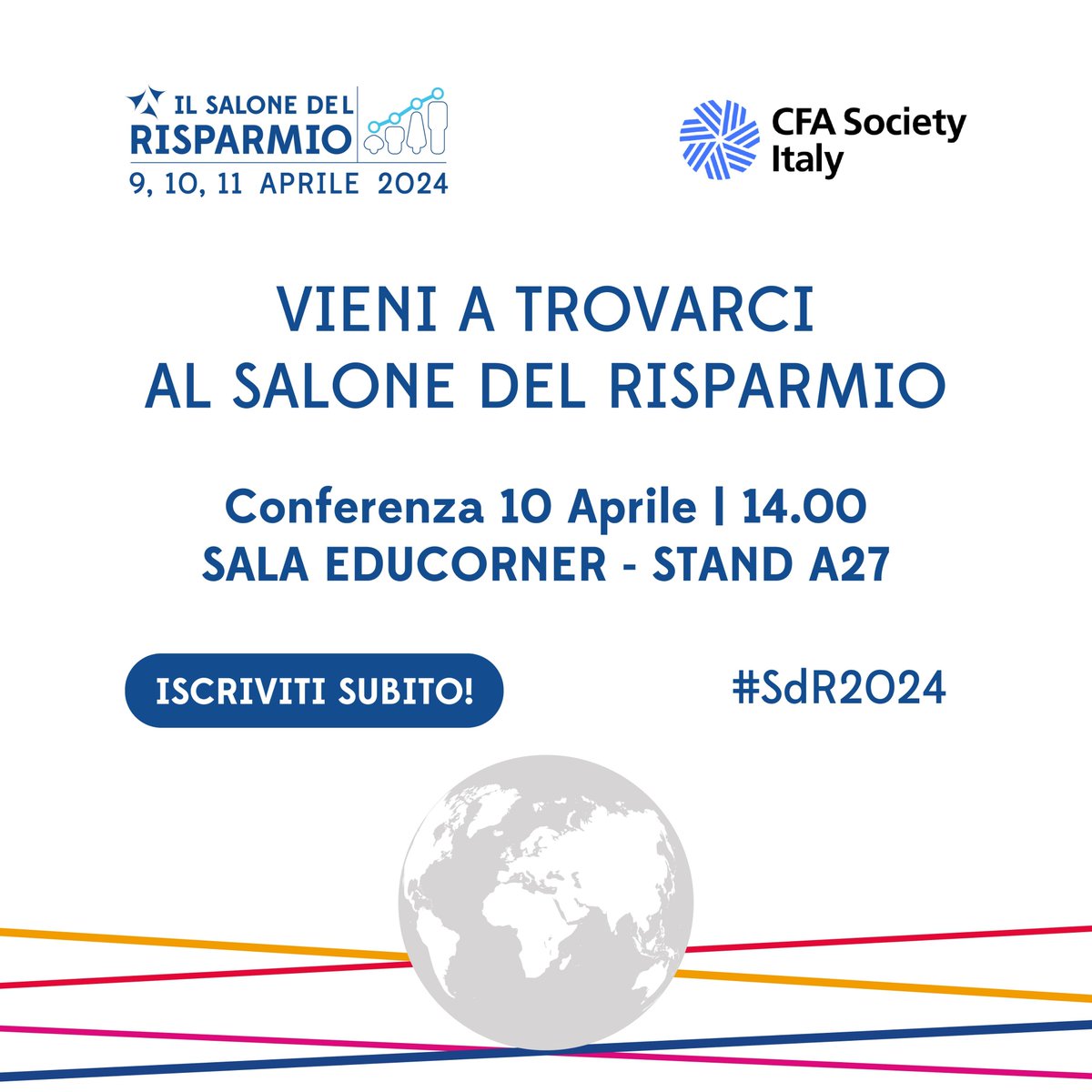 Siamo pronti per il Salone Del Risparmio 2024! Ci trovate allo Stand A27 dal 9 all’11 aprile. Un evento imperdibile per chi opera nel settore degli investimenti. 
cfasi.it/en/Events/Even…

#CFASocietyItaly #SdR2024