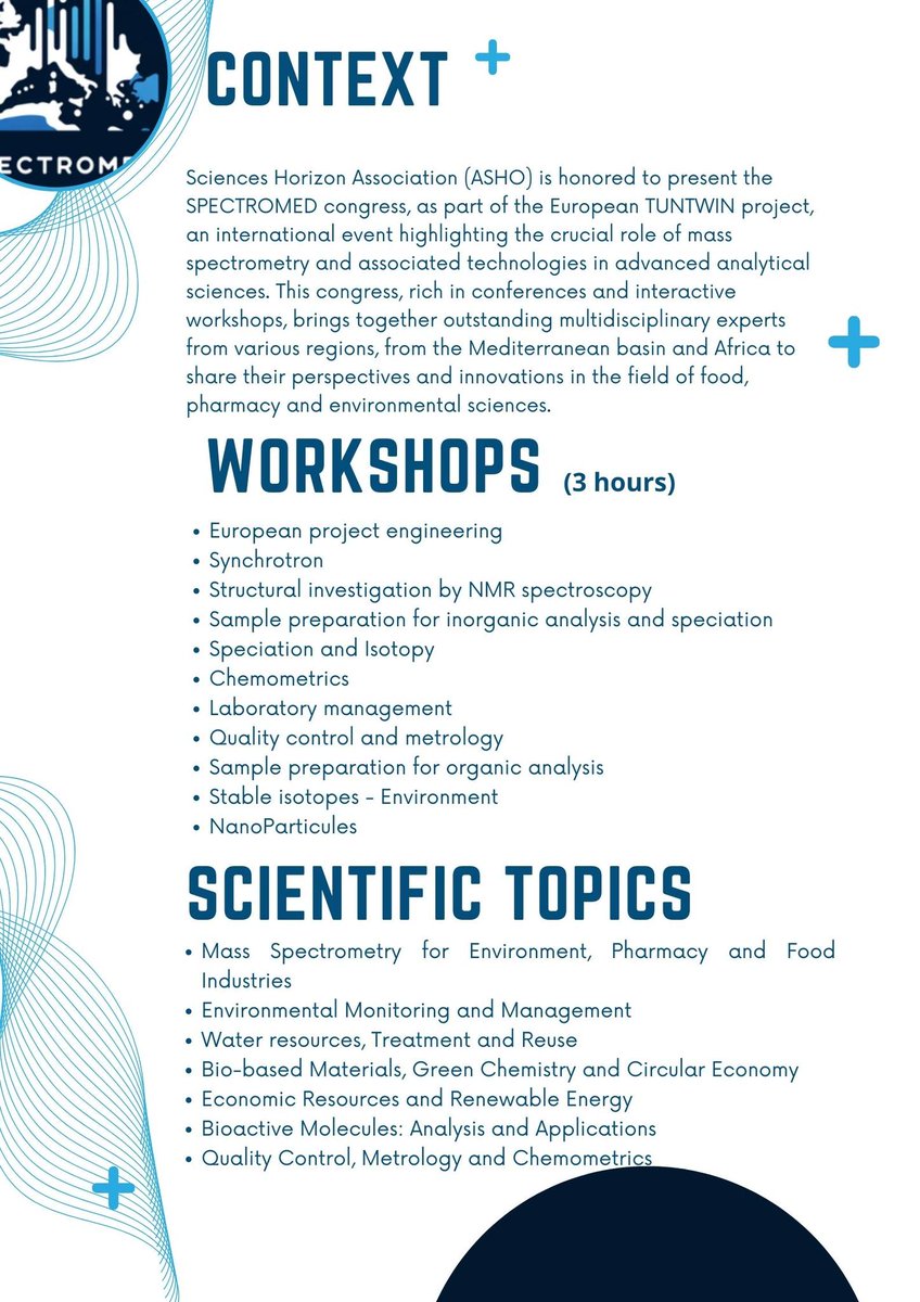 TUNTWIN2's tweet image. The deadline for submitting abstracts for the Spectromed congress has been extended to March 31, 2024. This event includes interactive workshops, providing a unique platform for meeting mass spectrometry experts from multiple fields.#environment, #food, #health @REA_research