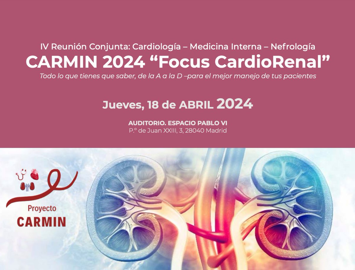 El próximo 18 de abril tenemos un nuevo encuentro del #ProyectoCARMIN 'Focus CardioRenal' 🏥 Una reunión conjunta: Cardiología, Medicina Interna y Nefrología 🩺 Con un programa muy interesante ⬇️ #SOMANE #Medicina #Cadiología #MedicinaInterna #Nefrología somane.org/posts/post/car…