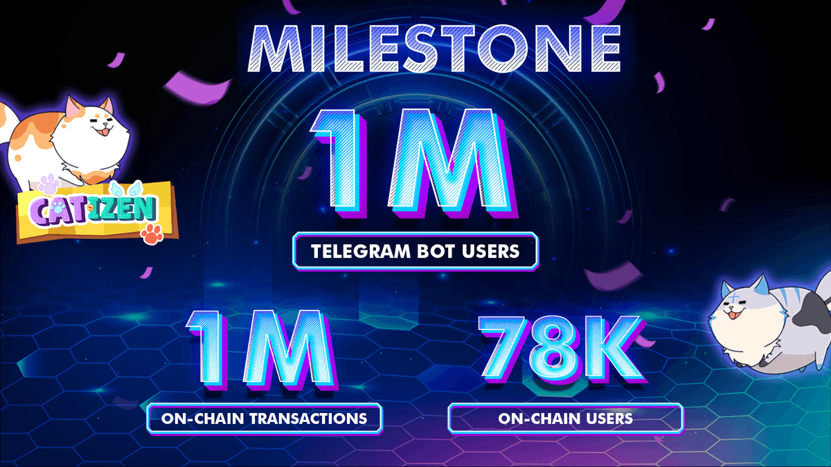 🎉 Catizen's Milestone moment! 🚀 After 1 week of Catizen Open Beta, we've received an overwhelming support! Thank you all for your love and meow-tastic shares! 😺 📢 We're excited to announce: · Catizen has welcomed over 1M Bot users, with 78K being On-chain users! · Catizen's