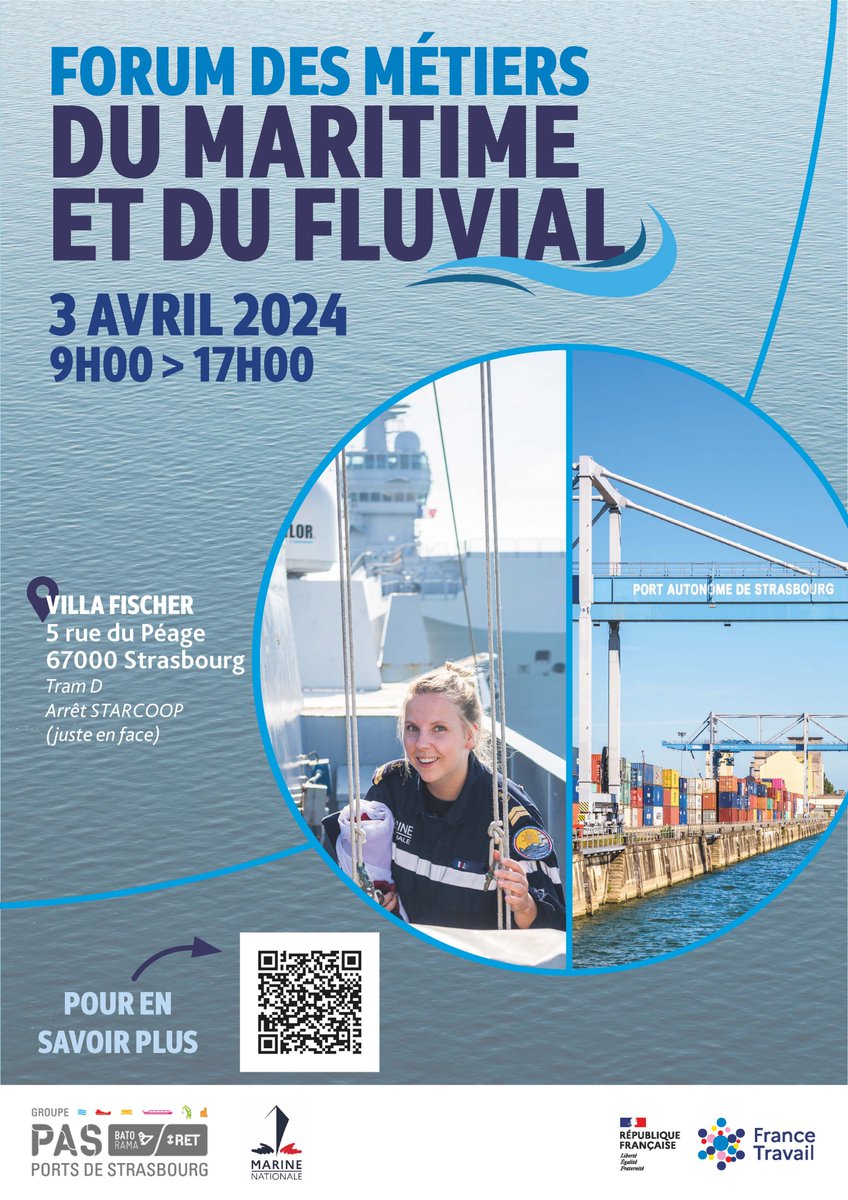 RDV avec <a href="/FranceTravail/">France Travail</a> <a href="/PortsStrasbourg/">Ports de Strasbourg - PAS</a> &amp; la <a href="/MarineNationale/">Marine nationale</a> mercredi 3 avril 2024 à
<a href="/strasbourg/">Strasbourg.eu</a> ! Une journée de découverte, d'échange, l'occasion de rencontrer des professionnels, de prendre connaissance des opportunités ! Infos, inscriptions 👉plmpl.fr/c/maritimefluv…
