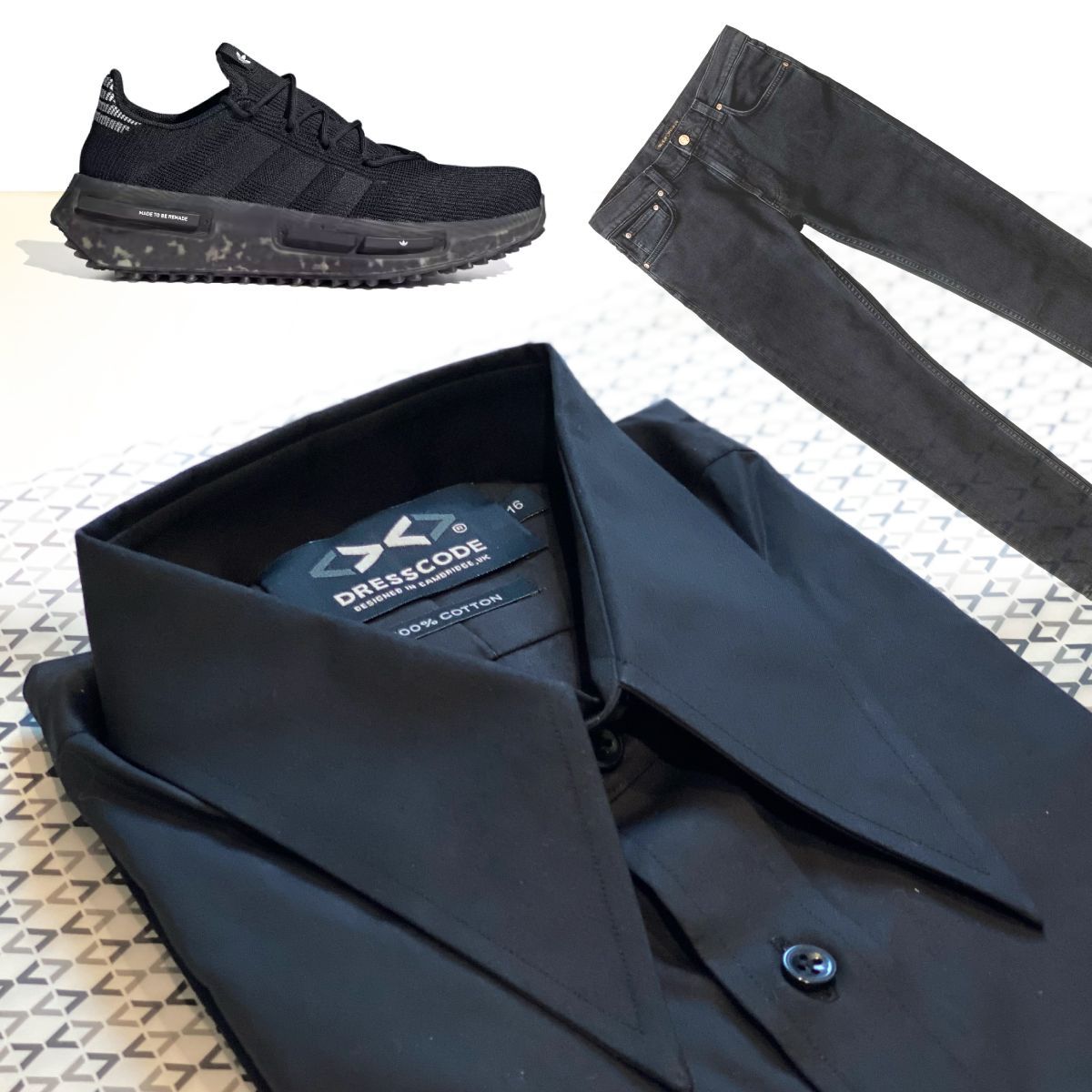 Inspired by our recent interview with musician Sam Jones, the black mono wardrobe featuring 🖤 DressCode Spear collar black shirt 🖤 Nudie Black jeans 🖤 Adidas Black trainers #GeekLuxe #Black #BlackShirt #DesignerBlackShirt #SpearCollarShirts #DressCode #DressCodeShirts