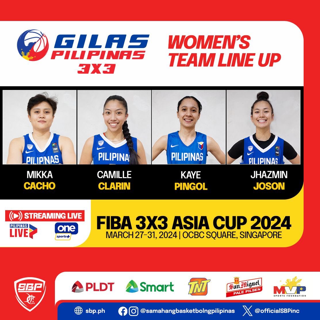 Our Gilas 3x3 Men's and Women's lineup for the FIBA 3x3 Asia Cup 2024 in Singapore! Gilas 3x3 fans can watch the games at One Sports+ and Pilipinas Live. 🏀