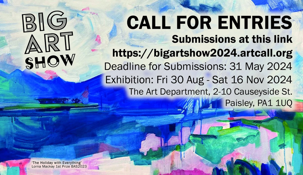 Get involved in Paisley's BIG ART SHOW largest open entry showcase in Scotland. Featuring nearly 2000 artworks. Over 200 works sold last year. Over 650 artists exhibited. Exhibition runs for 3 months. We are not a membership group but are artist led. bigartshow2024.artcall.org