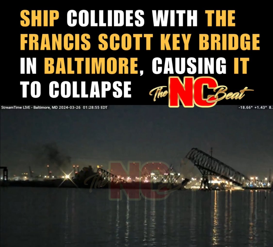 BREAKING: The Francis Scott Key Bridge in #Baltimore was hit by a ship and collapsed with people on it. thencbeat.com/video-ship-col…