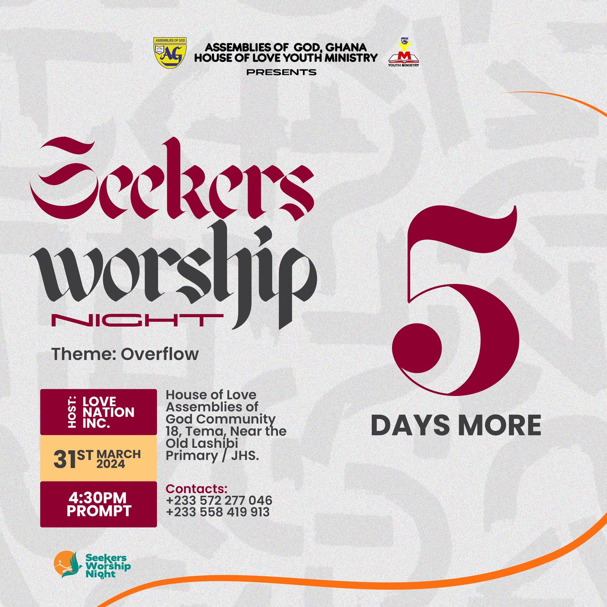 0️⃣5️⃣ DAYS MORE TO SEEKERS WORSHIP NIGHT 24*🔥🔥🔥🔥

Glory be to the Lord! We're getting closer to yet another amazing time in the presence of the Lord. We reserved a seat for you, come join us.
#overflow
#SWN24
#seekersworship
#seekersworshipnight
#invitesomeone