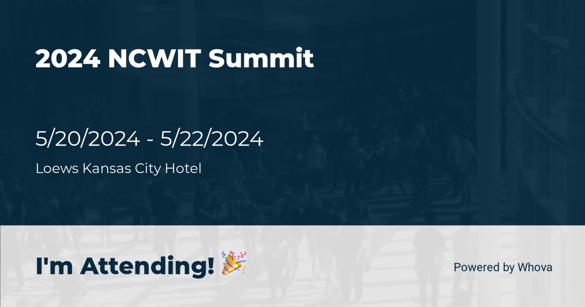 I'll be attending the amazing 2024 NCWIT Summit. Let me know if you're planning to attend so that we can say Hi! 👋 
Or register now and join me at the event! whova.com/portal/registr…

#NCWITSummit - via #Whova event app