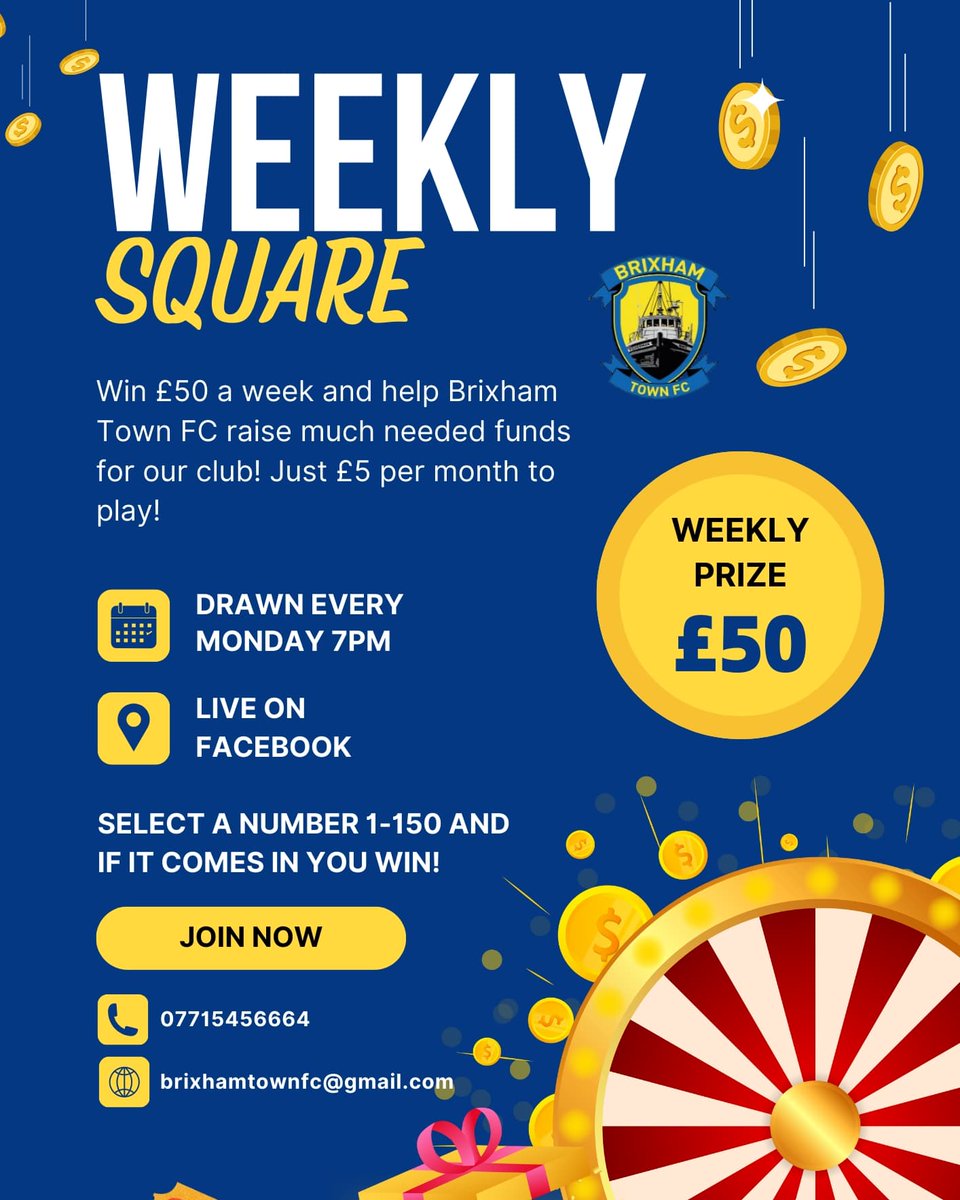 BRIXHAM TOWN WEEKLY SQUARE!!!

The club is in need of extra funds to continue to develop JC Park and we are relying on this to help us reach our goals! 

#upthetown #weeklysquare #thefishermen 🐟💛⚽
