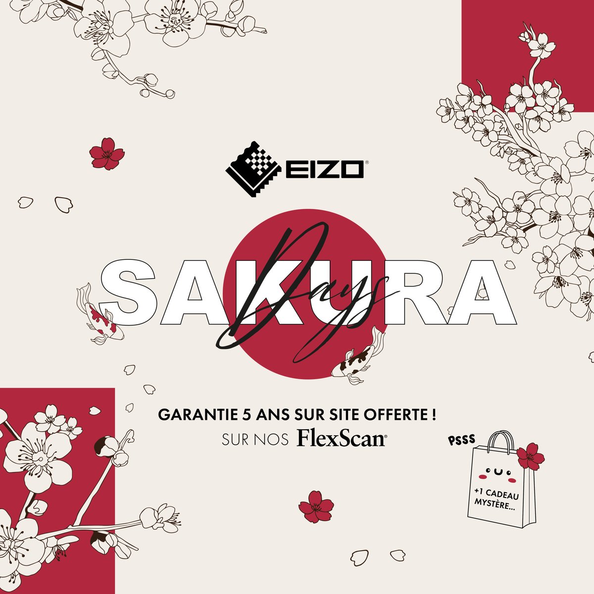 🌸🖥✨ Le #Printemps arrive, les #SAKURADays chez @EIZO France aussi ! ✨🖥🌸

Pour l'achat d'un écran #FlexScan, profitez de la #garantie 5 ans sur site offerte* et d'un #cadeau mystère... 👀 🎉

*valable jusqu'au 30 avril 2024 sous réserve d'inscription swll.to/nBrBXN
