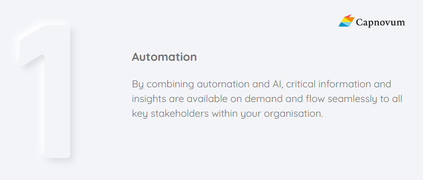 Do you kow your 5 benefits with Capnovum's platform?

1/5 #AUTOMATION
---
#Capnovum.
#Compliance. #Change. #Collaboration
Capnovum helps regulated entities keep up with ever-changing regulations by delivering timely intelligence and successfully automating the end-to-end process