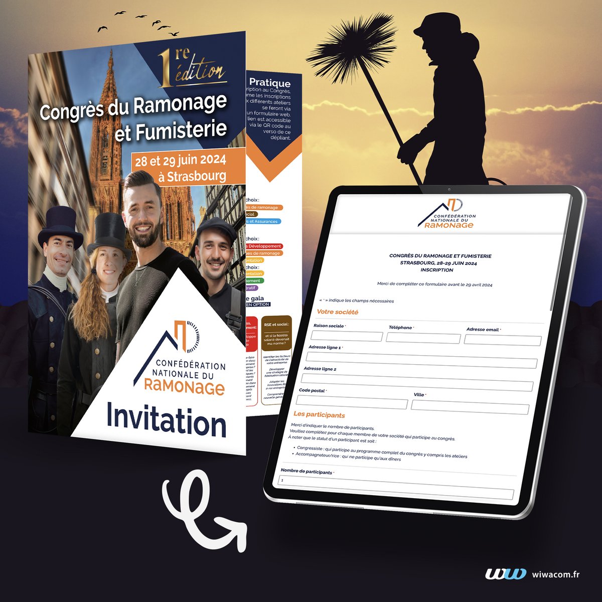 agencewiwacom's tweet image. 🦔 Nous avons accompagné la Confédération Nationale du #Ramonage et de la Fumisterie pour la communication autour du 1er Congrès National qui se déroulera à #Strasbourg !
👉 Création graphique de la plaquette
👉 Conception d&apos;un formulaire d&apos;inscription dynamique