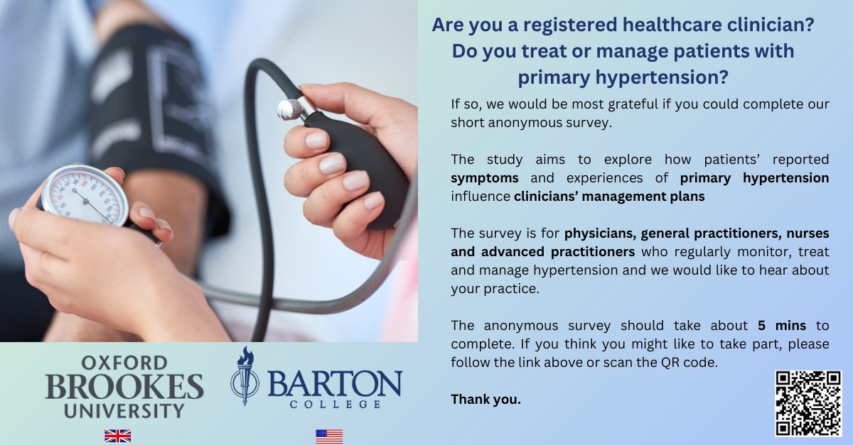 Calling registered healthcare professionals treating and managing patients with primary hypertension. Please complete our anonymous survey here: brookeshls.co1.qualtrics.com/jfe/form/SV_0j… #cardiology #cardiovascular #cardiovasculardisease #hypertension #bloodpressure