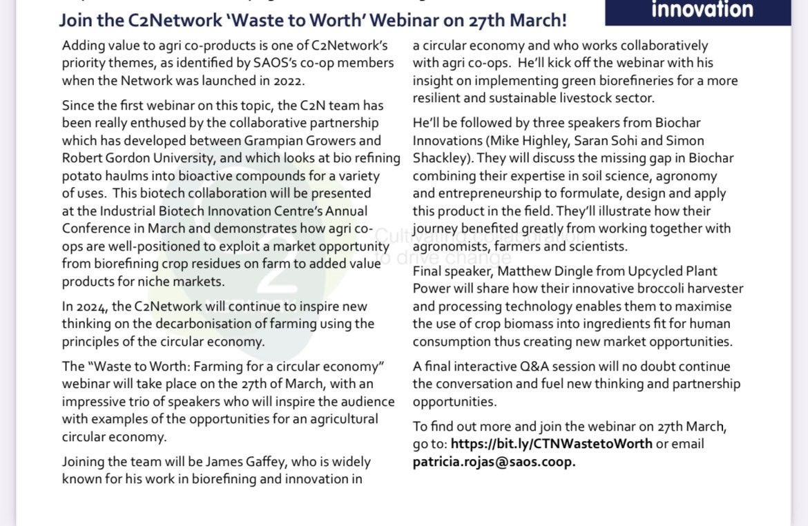 Look forward to talking to stakeholders in Scotland 🏴󠁧󠁢󠁳󠁣󠁴󠁿tomorrow about the potential of #green #biorefineries & #circular #innovation in agriculture.Still time to join this 'Waste to Worth' event organised by @saos_agri_coops & @C2Network_ . 🐮🐷🍀♻️ @MTU_ie #collaboratetoinnovate