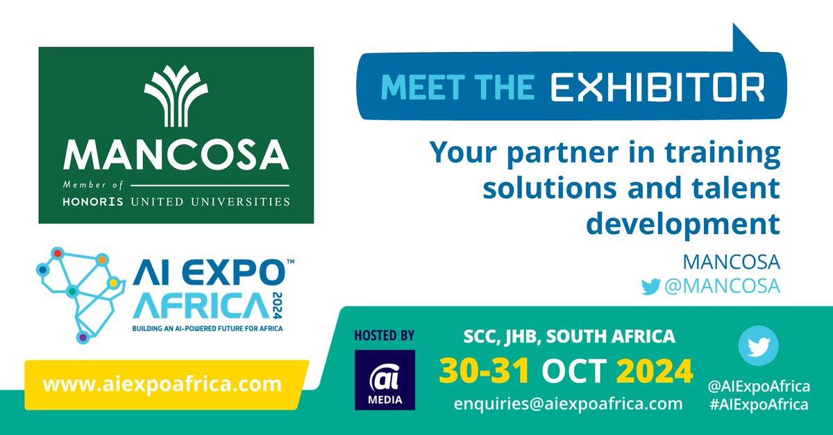 NEWS: We welcome @MANCOSA as an exhibitor at the 7th Edition of @AIExpoAfrica 2024 – Join Africa’s largest B2B Smart Tech Event aiexpoafrica.com #AIExpoAfrica #SouthAfrica #Gauteng #Johannesburg #AI #RPA #IA #IntelligentAutomation #ArtificialIntelligence #Africa #AI4Good