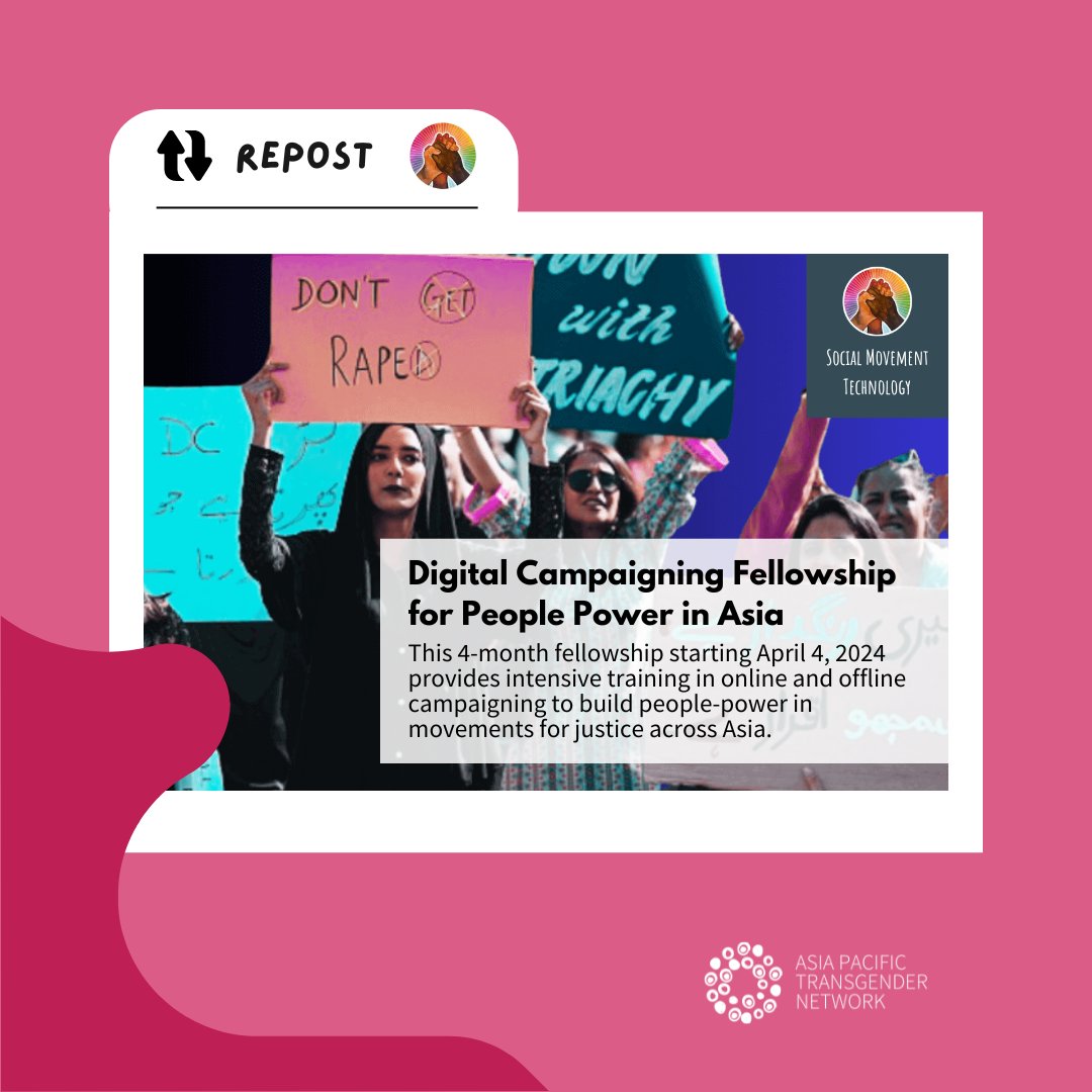 @SocialMoveTech is organising a Digital Campaigning Fellowship for People Power in Asia! The 4-month Fellowship provides free training to build people-power in justice movements, and opportunities for paid part-time work on projects. Check it out here: socialmovementtechnologies.org/asia-fellowshi…