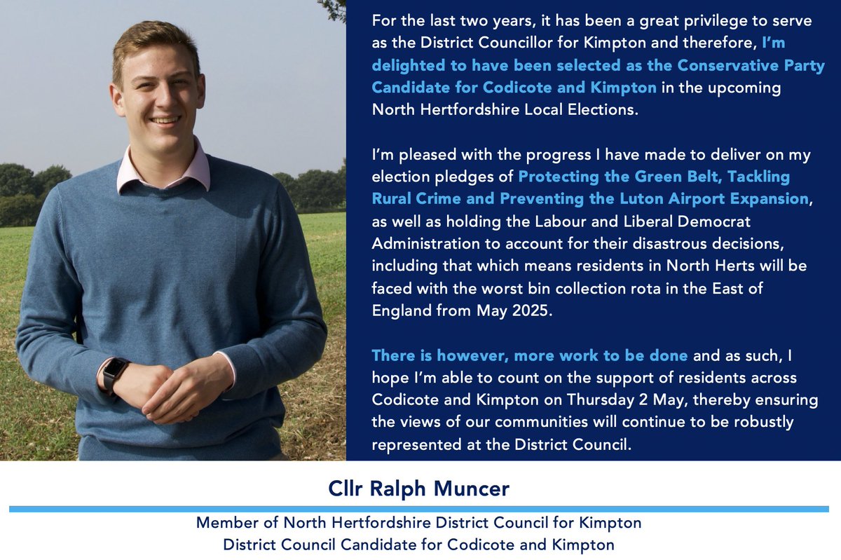 I’m delighted to have been selected as the @Conservatives Candidate for Codicote and Kimpton in the upcoming North Hertfordshire Local Elections ⬇️
#Codicote #Kimpton #NorthHerts
#Hertfordshire