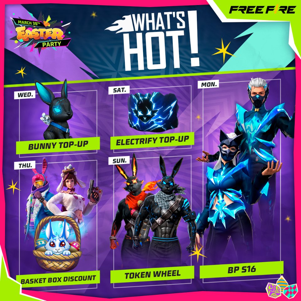📕 The ##WEEKLYAGENDA IS HERE! 📕 🐰🥚Hop, hop, hop and reach Booyah with the bad bunny 😈, collect basket box skins 🧺 and start a new season with the new Booyah Pass: 🌙Luminous Dusk. 😎 What will be your new Battle Style? #EasterCelebration