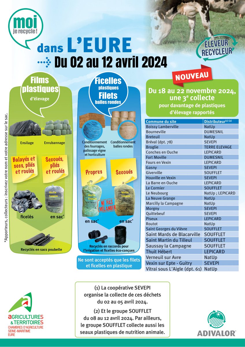 Dumesnil_FR's tweet photo. ♻️ COLLECTE #ADIVALOR EN NORMANDIE ♻️

➡️ Du 02 au 12 avril 2024
➡️ Films plastiques d'élevage + ficelles et filets

@adivalor 

#négoceagricole #moijerecycle #agriculture #agriculteurrecycleur #Normandie #agriculturedurable https://t.co/Uj2C223zlN