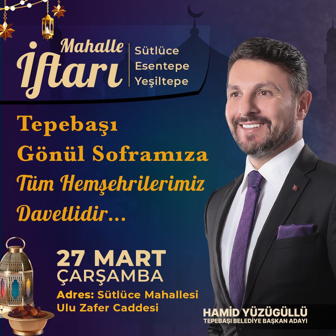 GÖNÜL SOFRAMIZA DAVETLİSİNİZ… 27 Mart Çarşamba günü Sütlüce, Esentepe, ve Yeşiltepe mahallelerimiz için kuracağımız Gönül Soframıza tüm Tepebaşılı hemşehrilerimizi bekliyoruz. Adres: Tepebaşı Sütlüce Mahallesi, Ulu Zafer Caddesi📍 #HamidYüzügüllü #TepebaşıBelediyeBaşkanAdayı…