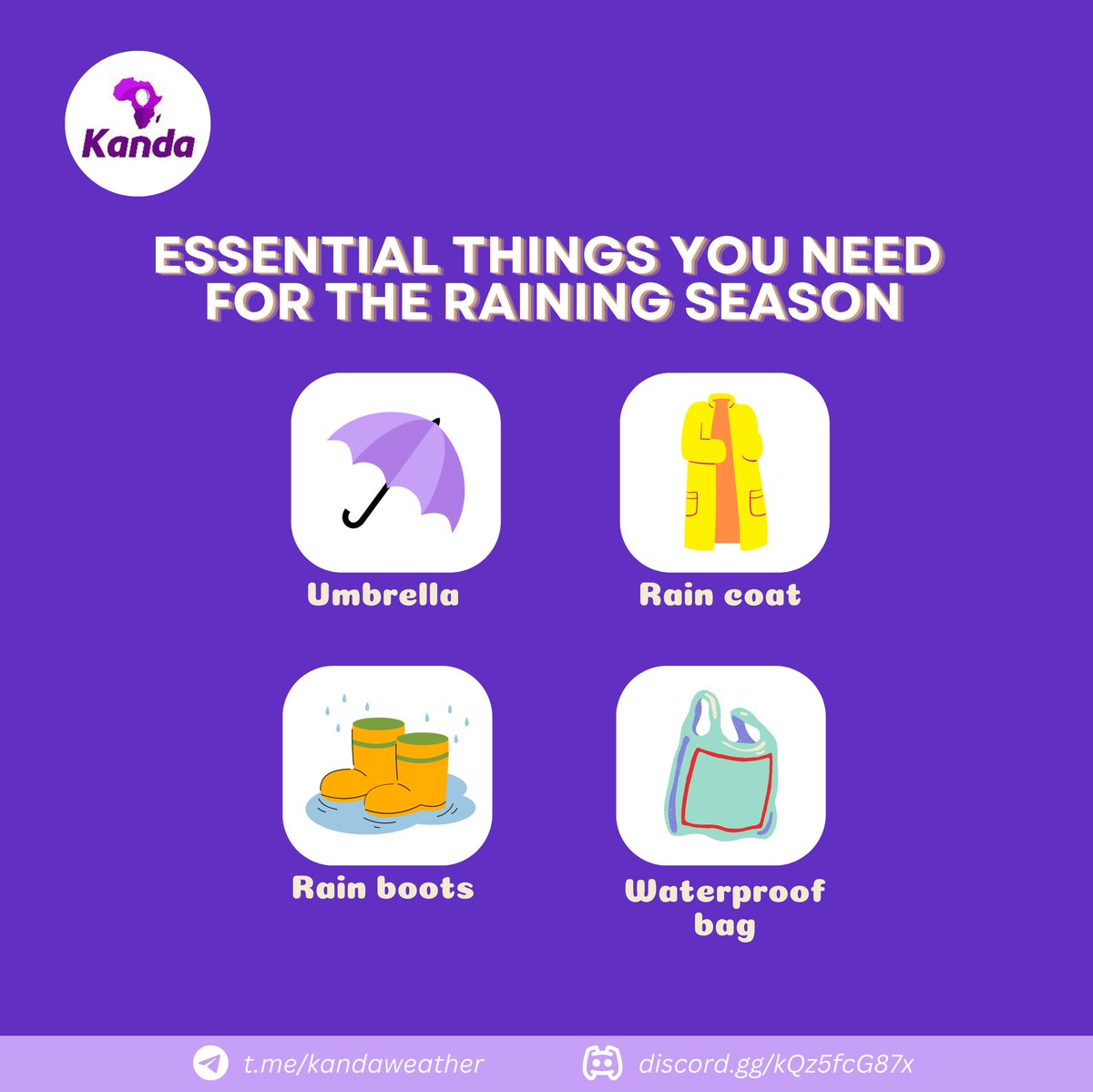Rainy season essentials checklist: waterproof bag to store anti-rain devices, rain boots for safety, umbrella, and a raincoat for staying dry. What's your favorite must-have for the rainy season? #RainySeasonEssentials #StayDry #KandaWeather