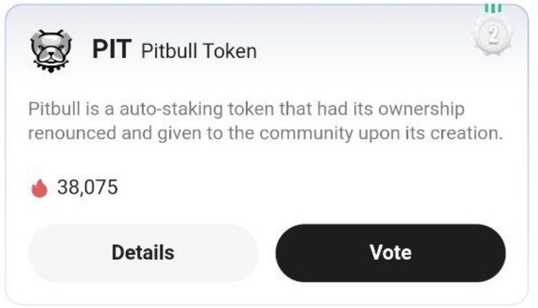 With more than 38,000 votes cast so far, Pitbull is currently ranked 2nd in this first phase of #GemVote 🗳 Haven’t voted yet? Join our official TG group to learn how to 👇 t.me/Pitbull_BSC