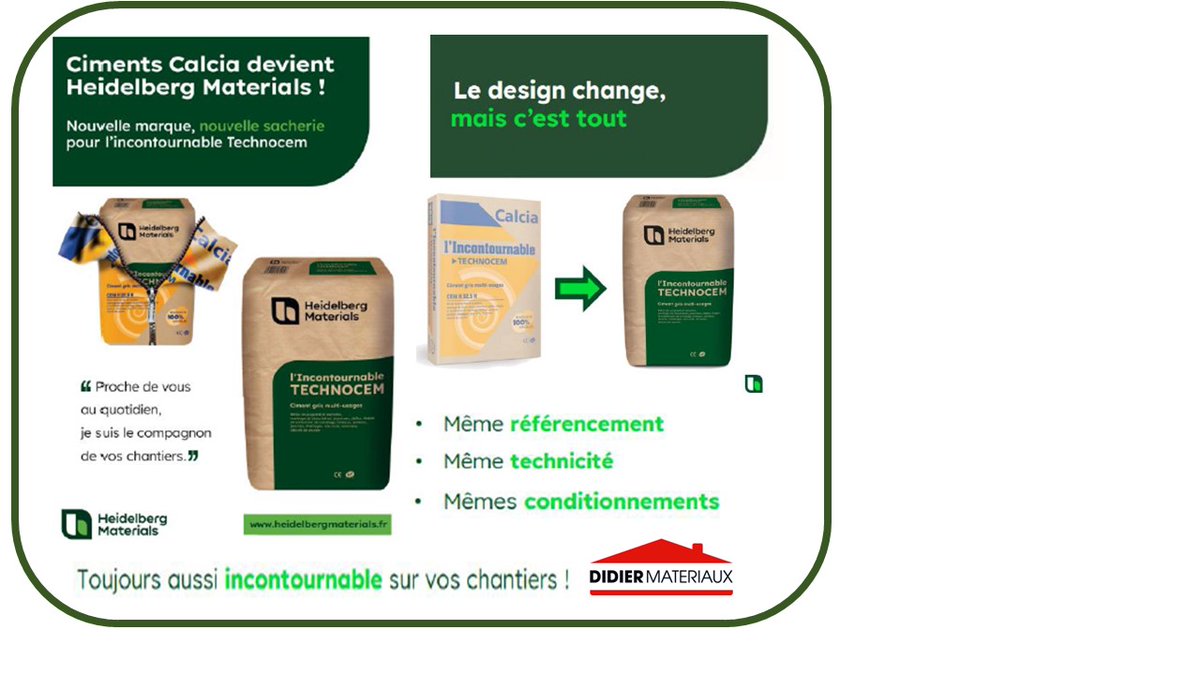 📎 Notre Fournisseur @Calcia fait peau neuve et devient @HeidelbergMaterials.
Nouvel #emballage, et déjà dans toutes nos agences <a href="/DidierMateriaux/">DIDIER MATERIAUX</a>