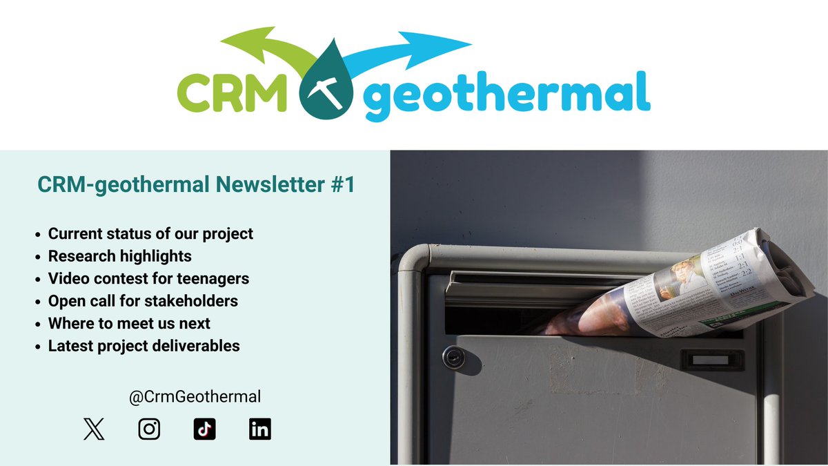 📢The CRM-geothermal Newsletter #1 is out!
Subscribe to our newsletter🗞️ to discover the latest updates and ongoing campaigns within CRM-geothermal!
More information about our release at 👇
crm-geothermal.eu/2024/03/25/new…

#geothermal #CriticalRawMaterials #Lithium #sustainable