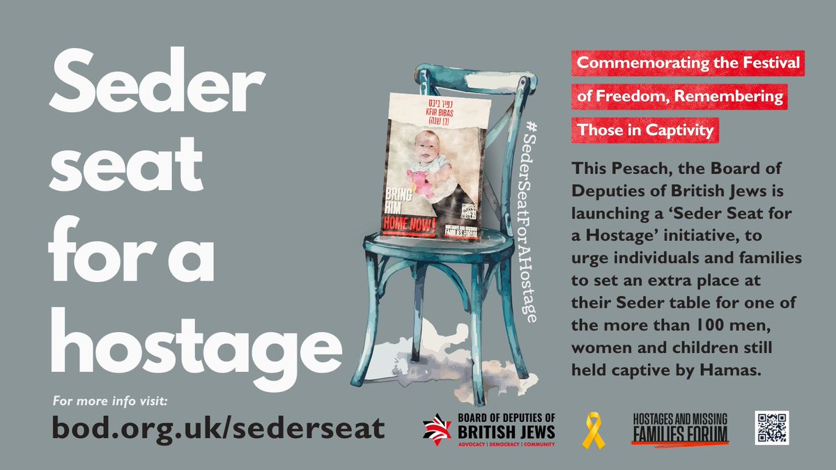 This Pesach, we are urging individuals and families to set an extra place at their seder table for one of the more than 100 men, women, and children still held hostage by Hamas. @bringhomenow 

#SederSeatForAHostage 

For more information, visit: bod.org.uk/sederseat