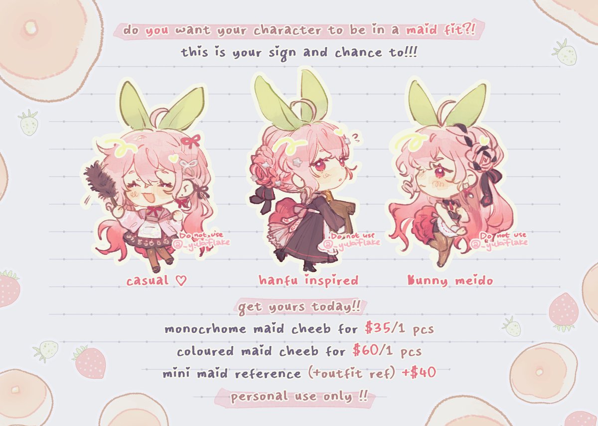 🌷🎀 looking to be fitted into a maid fit? look no further!! 🎀🌷

will open slots periodically on ko-fi only !! if interested please head over to fill out a form 📝#KofiChallenge
ko-fi.com/c/d9b7dd151b