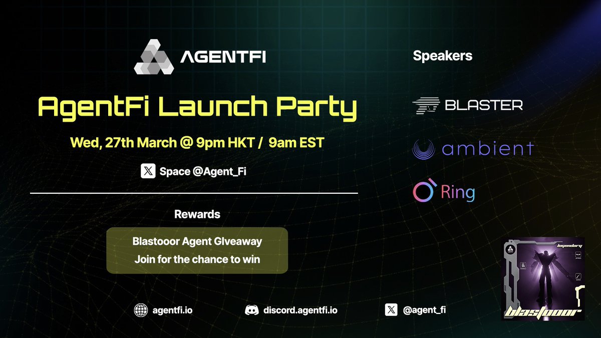 1/ Join us for our Launch Party on Wed, 27th at 9pm HK time (9am US EST) on X with @BlasterSwap, @ProtocolRing, @ambient_finance! Find out how AgentFi will be your ultimate Blast farming guide and win a Blastooor Agent! twitter.com/i/spaces/1BRJj… Topics👇