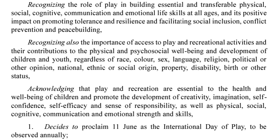 UNChildRights (@unchildrights1) on Twitter photo 25/3/2024 The UN General Assembly has designated June 11 of every year as International Day of Play. The UN Committee on the Rights of the Child #UNCRC and all the children of the world look forward to the first in 2024 of many celebrations to come. #childrensrights <a href="/lexpsy/">Philip D. Jaffé</a> 25/3/2024 The UN General Assembly has designated June 11 of every year as International Day of Play. The UN Committee on the Rights of the Child #UNCRC and all the children of the world look forward to the first in 2024 of many celebrations to come. #childrensrights <a href="/lexpsy/">Philip D. Jaffé</a>