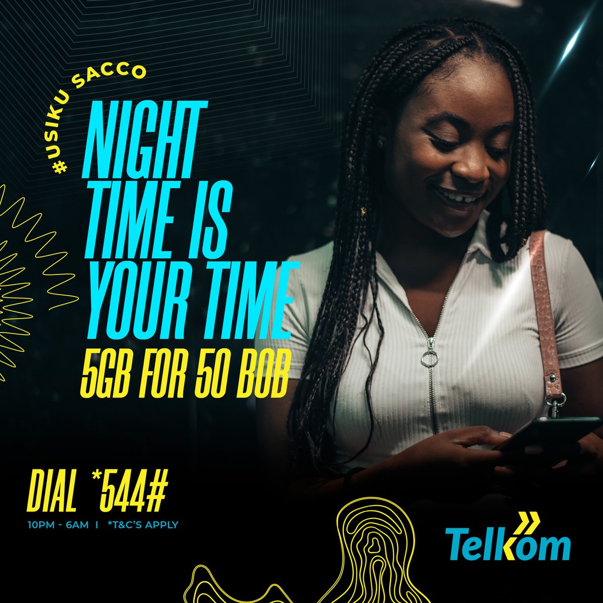 Night owls Assemble! Transform your nights with #UsikuSacco! For just 50 bob, enjoy 5GB to fuel your late-night escapades. Whether it's series marathons, movie nights, or study sessions, simply dial *544*2# and take charge of your night.