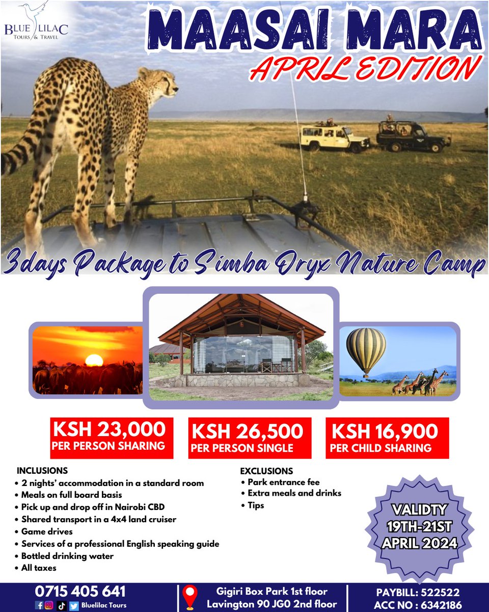bluelilactours's tweet photo. #bestholidaypartner
Chase Sunsets, Not Stress!
Plan Your Perfect April Getaway now and Experience the Magic of #Masaimara ๐
Book Today!
#SunsetEscape #VacationMagic #kenya #deal #offer #magicalkenya #lion #solotraveler TikTo Thika Road State House Babu Owino Senegal https://t.co/rQiCtQROxZ